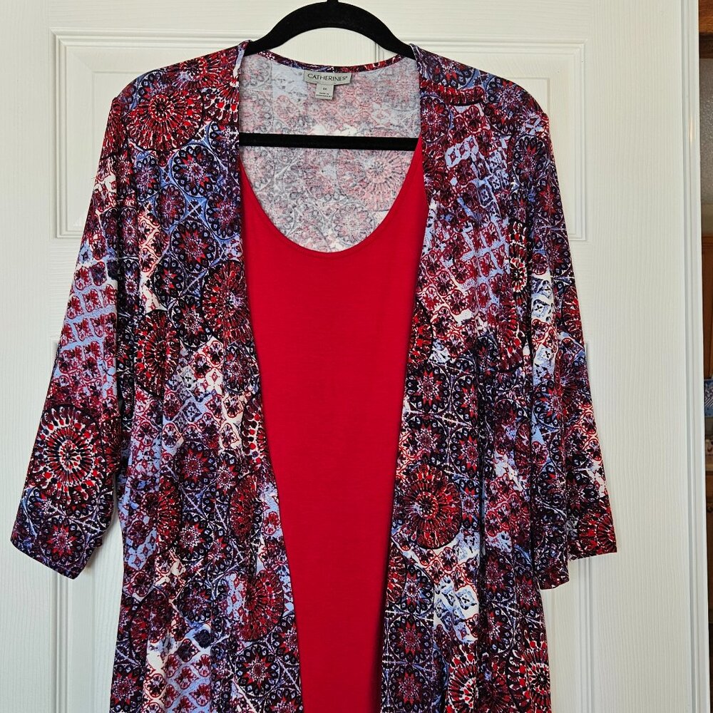 Catherines Red Tank & Printed Open Front Duster Set – 0X